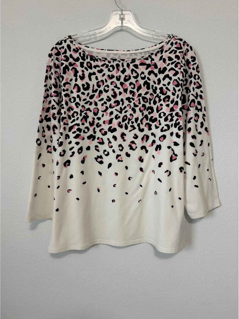 Talbots Cotton Blend 3/4 Sleeve Boat Neck Animal Print Blouse Women's Size L